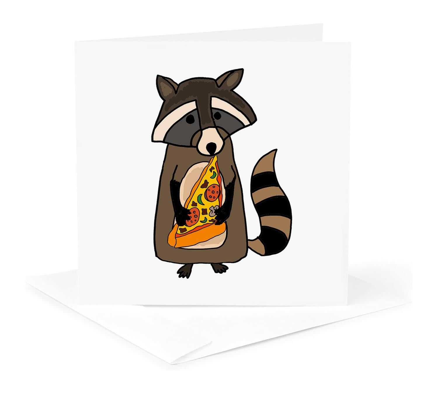 Greeting Card - Funny Cute Raccoon Eating Pizza Slice - Animals