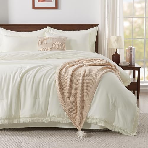 Image of Andency California King Size Comforter Set with Sheets Ivory - 7 Pieces Cal King Bed in a Bag Boho Bedding Sets, Ivory Bed Set with Comforter, Sheets, Pillowcases & Shams