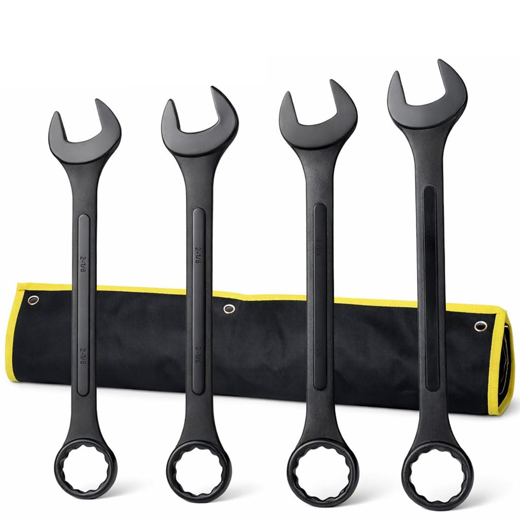 AMZOSS Jumbo Combination Wrench Set, SAE 2-1/8'', 2-1/4'', 2-3/8'', and 2-1/2'' Extra Large 4-Piece Open-End Wrench Set, Storage Bag Included, Black Oxide Finish