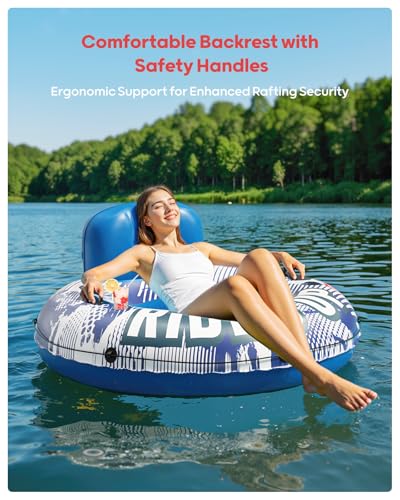 Image of QPAU Inflatable River Tube, 0.4 mm Thickened Puncture-Resistant Heavy Duty River Float, River Raft with Ergonomic Backrest, Mesh Bottom & 2 Cup Holders for Adults and Friends Lake Float