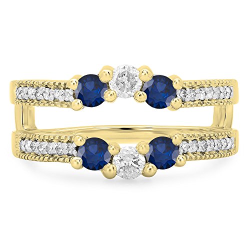 Dazzlingrock Collection 14K Blue Sapphire & White Diamond Wedding Band 3 Stone Enhancer Guard Double Ring, Yellow Gold, Size 7.5 #TOP1