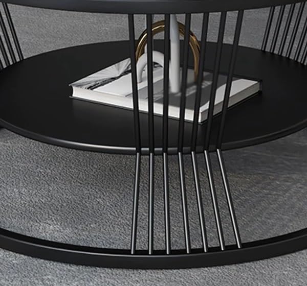 Image of 2-Tier Round Coffee Table with Open Storage Shelf for Living Room Wooden Tabletop Metal Frame Simple & Modern End Table for Small Space Center Table for Living Room Black