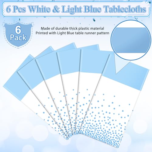 Image of MASHAN 6Pcs White and Light Blue Polka Dot Plastic Rectangular Tablecloths, 54x108 Inch, Spill Resistant, Perfect for Birthday, Wedding, Graduation Parties