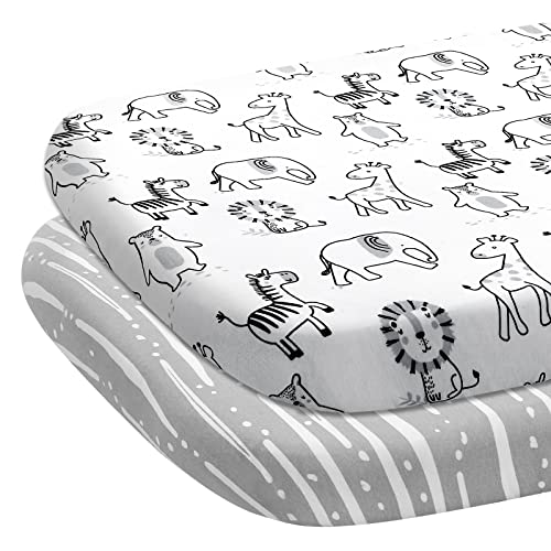 Image of Babysland Bassinet Sheet Fitted for Baby Boy and Girl, Soft Cotton Bassinet Sheets Fitted for Oval, Hourglass and Rectangular Mattress, 2 Pack (Animals and Zebra Stripes)