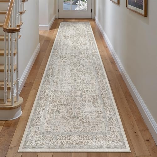Taupe Runner Rug 2x12 Hallway Machine Washable Kitchen Vintage Distressed Non Slip Long Carpet Indoor Retro Floral Bedroom Accent Throw Rug for Bathroom Office Laundry Dining Living Room