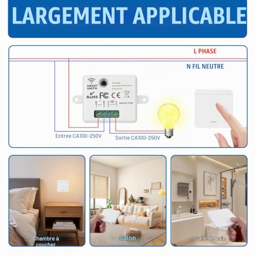Interrupteur d’Éclairage Sans Fil 433 MHz, Interrupteur Va et Vient + Contrôleur Récepteur 2000 W/10 A, AC 100-240 V Interrupteur De Sécurité pour Éclairage et Ventilateur, Portée 50m – vue 4