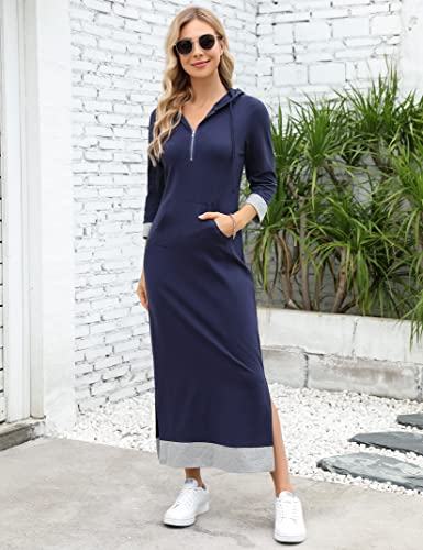 Image of MISSKY Women Casual Pocket Quarter-Zip Neck 3 /4 Sleeve Slim Split Pullover Hoodie Maxi Dress