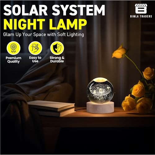 Image of 3D Solar System Crystal Ball Night Light, Planet Ball for Bedrooms, Table LED Lamp with Woodern Base for Teens Boys and Girls