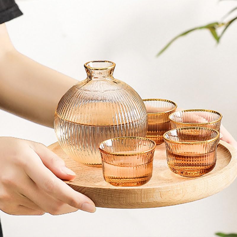 Xilin-872 Karaffe 5Pcs Vertikale Streifen Sake Topf Transparent Phnom Penh Glas 1 Topf 4 Schuss Glas Karaffe Wein Set Schnaps Spender Wein Separator Wasserflasche(Color:B)