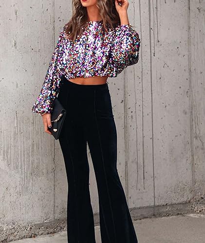 xxxiticat Women's Colorful Sequin Crop Top Long Balloon Sleeve Shiny Multi-Color Rainbow Sparkly Loose Fit Blouse Shirt2