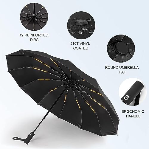 Image of Alexvyan 12 Ribs UV Protection Large Travel Automatic Umbrella Windproof for Rain & Sun, Strong Compact Umbrella for Men & Women, Wind Resistant, Portable Folding Umbrellas for Backpack, Car (Black)