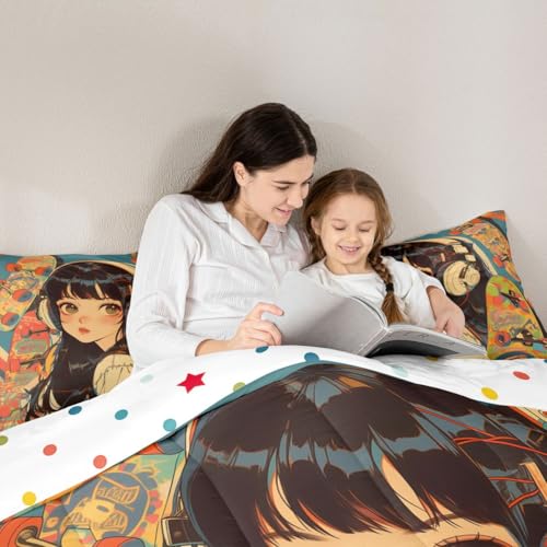 Image of Erosebridal Kids Comforter Sets Queen Size, Cool Girl with Hippie Headphone Bedding Comforter Sets, Fashion Girly Comforter Duvet Set 3D Anime Cartoon Style Teens Bedding Sets for Girls Women