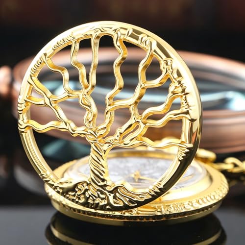 Image of Tiong Pocket Watch Hollow Tree of Life Design Roman Numerals Engraved Bible Verse Quartz Pocket Watch with Chain Custom Pocket Watch Birthday Gifts