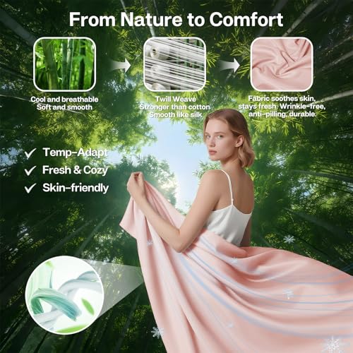 MR&HM Twin Sheets Set, 3-Piece Cooling Sheets, Rayon Derived from Bamboo & Polyester Blend, Soft & Silky, 15" Deep Pockets with Elastic Straps, Hotel Luxury for Hot Sleepers, Pink