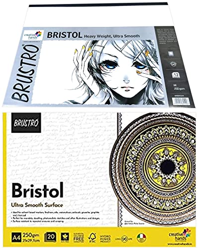 Image of Brustro Ultra Smooth Bristol Sheets A4, 250 GSM, Pack of 24, Ideal for Markers, Watercolor, Charcoal & BRUSTRO Bristol Glued Pad 250 GSM, A4, 20 Sheets, Medium Surface, Natural Grain