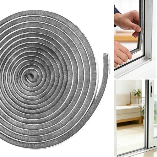 Draught Excluder for Doors and Windows 6M Self Adhesive Brush Weather Stripping 9mm x 9mm High Density Pile Seal Strip for Sliding Door- Windproof Soundproof & Energy Saving (Grey 9mm*9mm*6m)