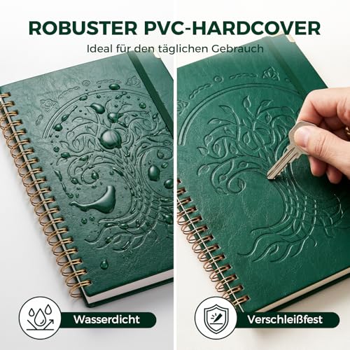 HAKACC Notatnik A4 w linie, 150 kartek/300 stron, spirala w szlachetnej imitacji skóry, twarda okładka, gramatura 80 g/m², trwały papier dla kobiet, mężczyzn, do pracy, biura, szkoły, 21 x 28 cm,