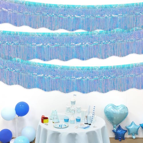 Image of LOLStar Iridescent Blue Foil Fringe Tinsel Garland Streamer Banner, 6 Pack | 60Ft Tinsel Streamers, Shiny Iridescent Blue Wall Hanging Tinsel Fringe Banners for Mermaid, Snow, Sea, Unicorn Party Decor