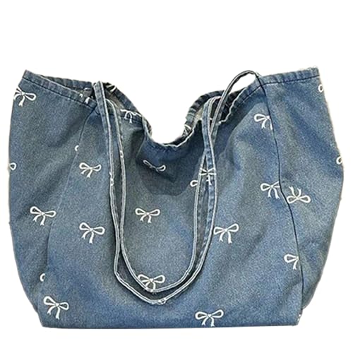 Chic Denim Bow Handbag - Kawaii Vintage Message Bag for Women, Large Capacity Casual Shoulder Bag, Perfect Travel