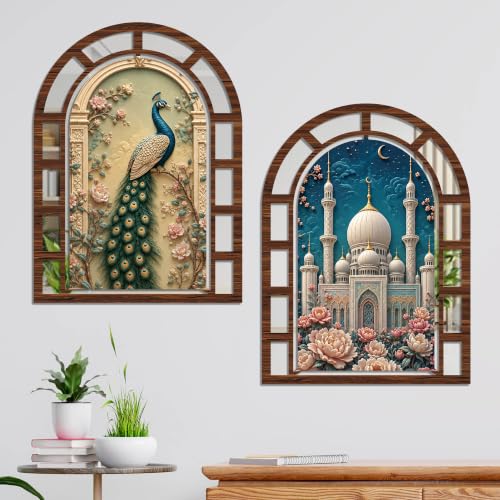 Image of Artvibe Traditional Peacock & Floral Mosque Theme Wall Hanging Decor | Jharokha Mirror Wall Hanging for Living Room, Hall, Bedroom, Dining Room & Office | Gift For Mom & Sister (WHJ 12005N), Set of 2
