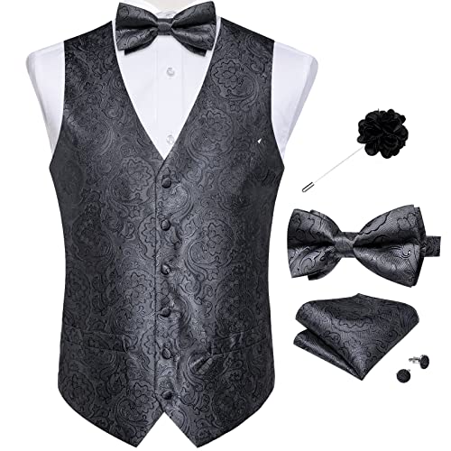 Image of DiBanGu Mens Paisley Suit Waistcoat,Silk Dress Vest and Bowtie Pocket Square Cufflinks with Lapel Pin Set for Wedding Tuxedo, Black, Large