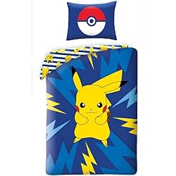 Funda Nordica Pikachu Juego de cama reversible POKEMON PIKACHU eléctrico – Cama individual de 2 piezas Funda nórdica de 140 x 200 cm y funda de almohada 70 x 90 cm – 100% algodón Ökö-Tex Standard 100
