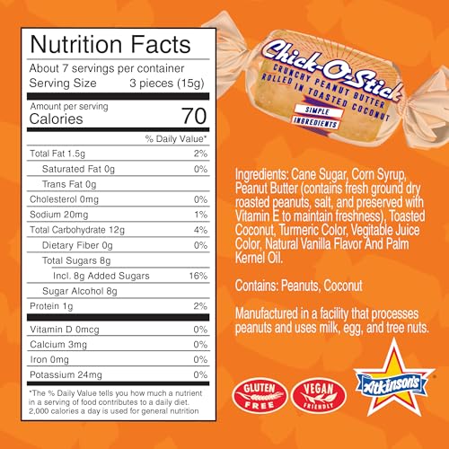 Image of Atkinson's Chick-O-Stick Nuggets Peanut Butter Coconut 1 lb Laydown Bag | Old fashioned crunchy bites, gluten free, kosher, vegan, no artificial. A nostalgic Texas treat.