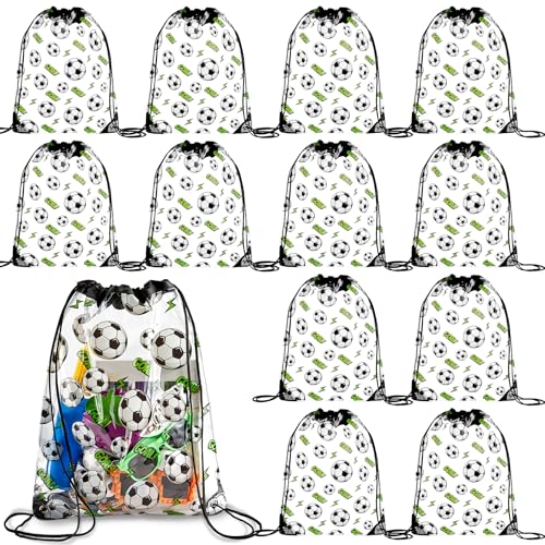 Pacote com 12 mochilas transparentes com cordão para academia, esportes, festa, cordão, Colorido., Futebol