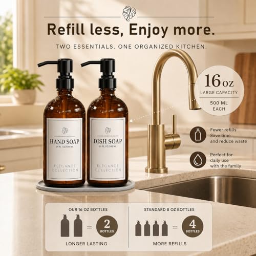 Image of Fachixy Amber Glass Soap Dispenser (2 Pack), 16 Fl Oz Hand & Dish Soap Dispenser Bottles Set with Leak-Resistant Stainless Steel Pump, Non-Slip Pad, 14 Waterproof Labels for Kitchen and Bathroom