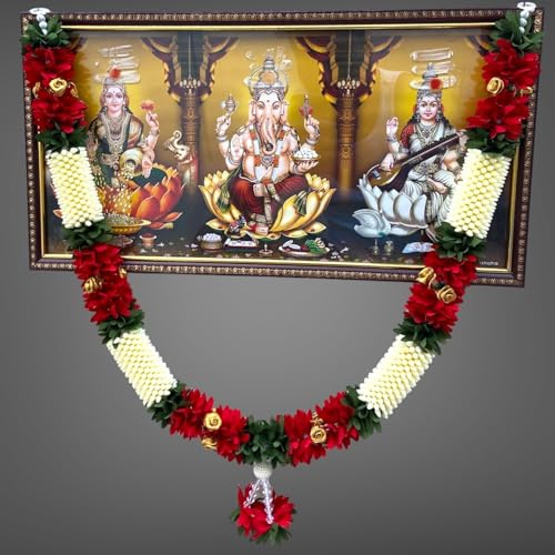Image of Divyakosh Artificial Wedding Garland for Bride & Groom, Red & White Floral Jaimala /Varmala with Decorative Golden Touch - Durable Reusable Marriage Garland