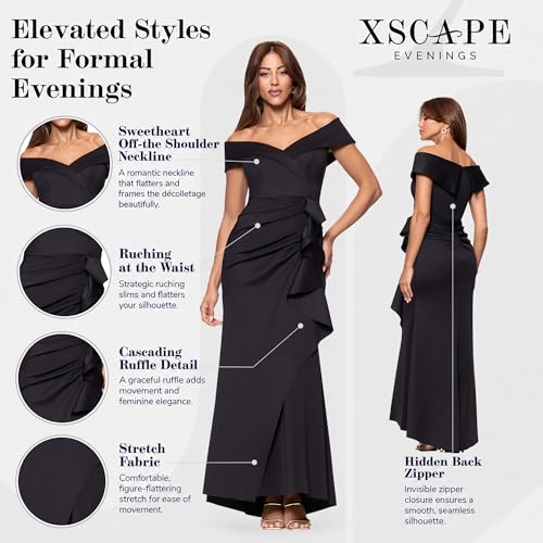 Image of Xscape Women's Long Off-the-Shoulder Sweetheart Neckline Formal Evening Gown with Ruching and Draped Ruffle Detail