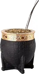 Mate Imperial Argentino Kit Mate, Taza de te Acero inoxidável, com caneca de cuia de chá de palha, uma bomba (palha), couro artesanal embrulhado ideal para presente e viagem (preto)