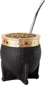 Mate Imperial Argentino Kit Mate, Taza de te Acero inoxidável, com caneca de cuia de chá de palha, uma bomba (palha), couro artesanal embrulhado ideal para presente e viagem (preto)