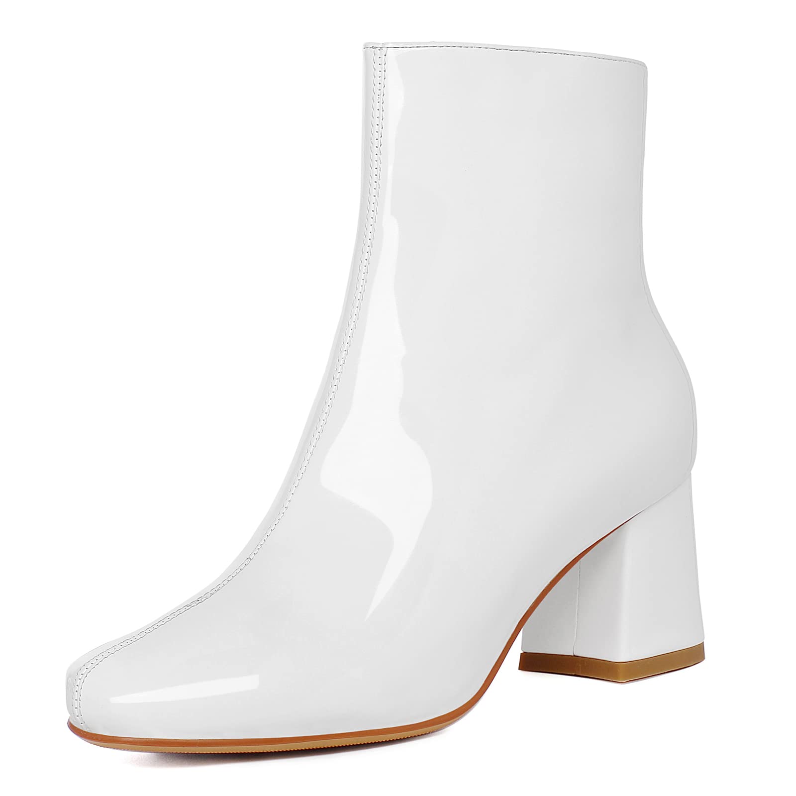 Elbslutt Womens Chunky Heeled Booties Patent Leather Square Toe Ankle Boots Zip Up Block Heel Wide Calf Short