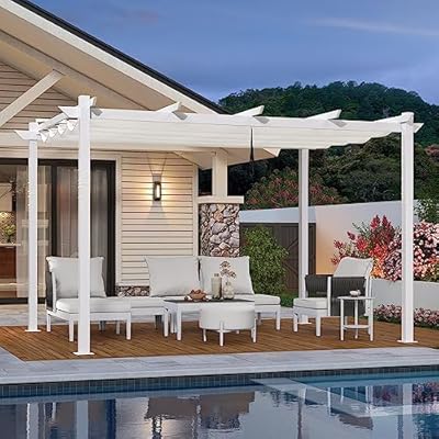 PURPLE LEAF 10' x 13' Outdoor Aluminum Pergola White Heavy-Duty Retractable Pergola Patio Metal with Double Sun Shade Canopy for Gardens Deck Backyard, White