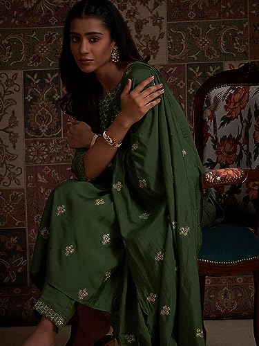 Image of INDO ERA Women's Embroidered Poly Silk Kurta With Pant & Dupatta Set (IEOUT7099)