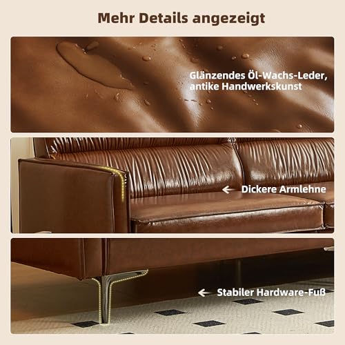 3-Sitzer Sofa in Vintage Lederoptik – Kompaktes Kunstleder Sofa mit Knopfheftung, Metallfüßen & Geraden Armlehnen, Braun – Retro Couch für Wohnzimmer, Büro oder kleine Wohnung (glatte Variante)