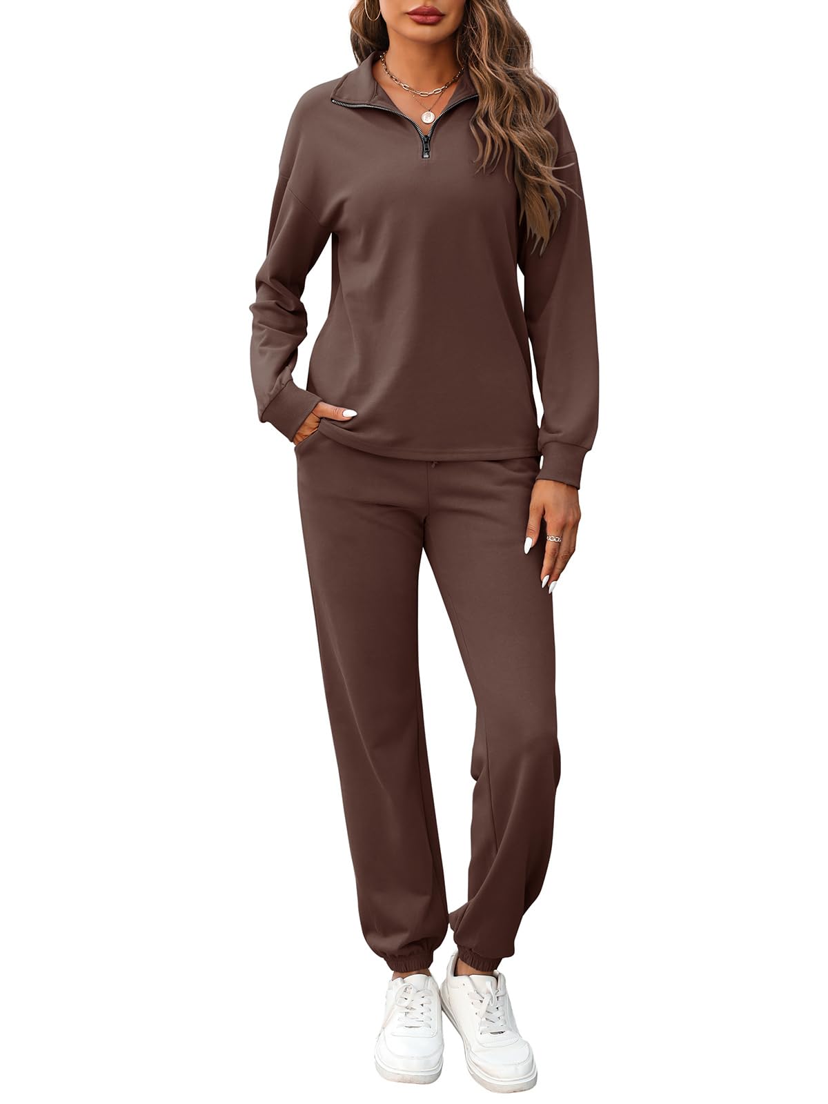 REORIA Damen Baumwolle Jogginganzug Halber Reißverschluss Tracksuits Henley Ausschnitt Zweiteiler Langarm Trainingsanzug Hausanzug Sport Set Lounge Set