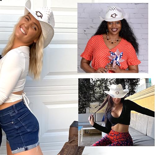 Image of TOVOSO Straw Cowboy Hat for Women with Beaded Trim and Shapeable Brim