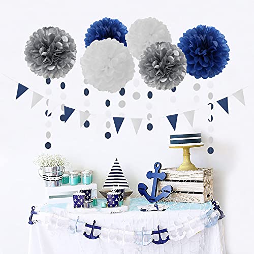 Image of Navy Blue White Silver Party Decorations,23pcs Kit Graduation 2026 Tissue Paper Pom Poms Streamers,Tassel Garland Banner Flowers,Men Birthday Bachelorette Baby Shower Christmas Decor Lasting Surprise