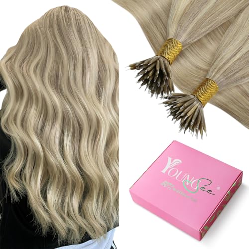 Image of YoungSee Nano Tip Hair Extensions Real Human Hair Ash Blonde Highlights Golden Blonde Nano Bead Human Hair Extensions Highlight Hair Extension Nanolink 18in for Wedding 50g 50 Strands