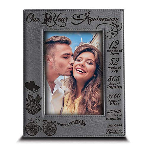 Bella Busta -Our 1st Year Anniversary-Months, Week, Days, Hours, Minutes -Engraved Leather Picture Frame (5 x 7 Vertical (Gray - Bicycle))