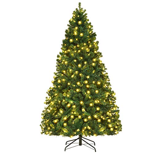 Goplus 7.5ft Pre-lit Artificial Christmas Tree, Hinged Premium Spruce Xmas Full Tree with 1346 PVC Tips, 400 LED Lights, Folding Metal Stand, for Home Office Party Decoration