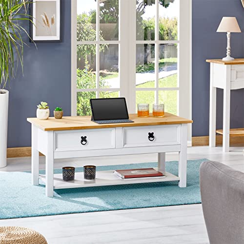 IDIMEX Couchtisch Tequila, schöner Beistelltisch mit 2 Schubladen, Wohnzimmertisch im Landhaus Stil, eleganter Sofatisch mit Ablageplatte in weiß/braun – Bild 3