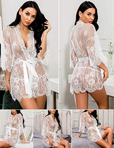 Avidlove Boudoir Lingerie Women's Lace Kimono Robe Babydoll Lingerie Mesh Nightgown White XXL