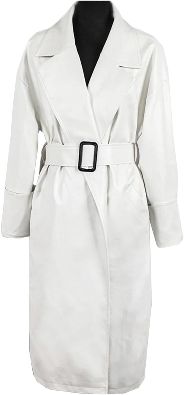 Women Long Leather Trench Coat For Women Belt Windbreaker