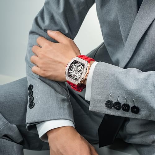 Image of TSAR BOMBA Men's Automatic Watch Tonneau Luxury Skeleton Watches for Men Mechanical 50M Waterproof Analogue Watches Mens Unique Cool Square Big Face Dial Wristwatch with Silicone Strap Band