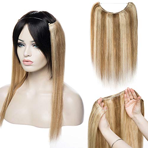 16"-22" Human Hair Hidden Wire Extensions Highlight Secret Hair Extensions Long Straight No Clips No Glue Hairpieces Invisible Fish Line in 16" 60g #12/613 Golden Brown Mix Bleach Blonde
