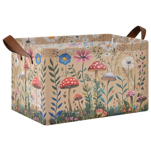 Kigai Mushroom Wildflowers Storage Basket with Handles Collapsible Fabric Storage Bins Kid Toy Basket Closet Organizer Foldable Decorative Boxes for Nursery Bedroom Office