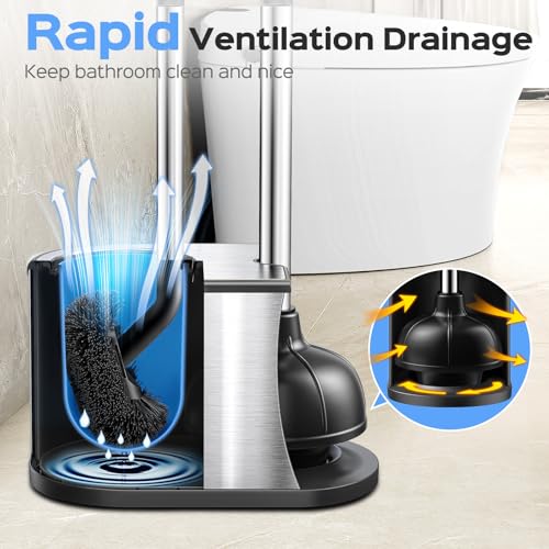 Image of HAMITOR Toilet Plunger and Brush Set: 2 in 1 Stainless Steel Rustproof Combo with Deep Cleaning Curved Bristles - Heavy Duty Toilet Unclogging for Family Bathroom - Compact Apartment Accessories